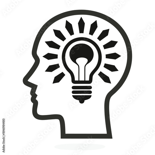 The conceptual head silhouette shows a bright lightbulb representing innovative thinking, ideas, and enlightenment