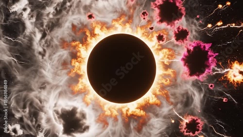 Total Solar Eclipse With Fiery Corona And Cosmic Dust Clouds In Deep Space