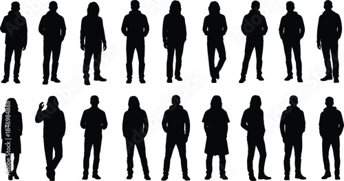 People standing silhouette vector set, men and women casual poses collection, black human figures, lifestyle character design illustrations