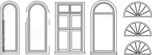 Architectural window outline vector set with arched and rectangular frames, classic facade elements for building design, renovation, and construction illustrations