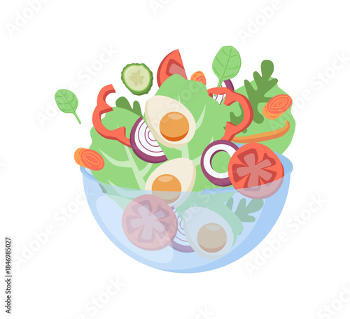 3D Salad falling into bowl cartoon icons vector illustration.. Flying salad with red tomatoes, cheese, cucumber, spinach