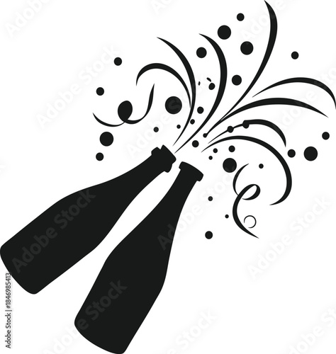 Black silhouette of champagne bottle with cork popping and bubbles vector illustration EPS file download.
