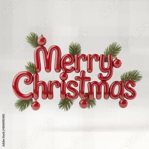 Wallpaper Mural "Merry Christmas 3D Text with Pine Branches and Red Baubles on Neutral Background — Festive Holiday Greeting Composition" Torontodigital.ca