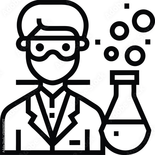 Scientist in goggles observes chemical reaction within flask with bubbles in a minimalist style