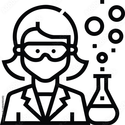 Scientist with safety glasses watches bubbles coming from lab flask in monochrome