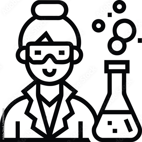 Woman researcher with safety glasses observes a bubbling flask and lab coat looks happy