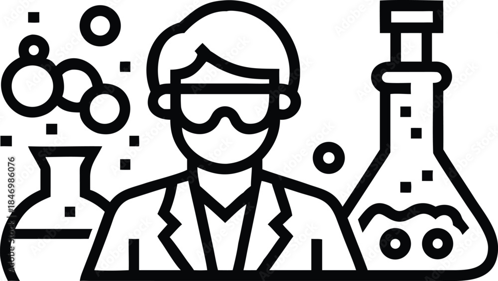 Naklejka premium Scientist with goggles studies chemical glassware, bubble formation, and lab equipment in style