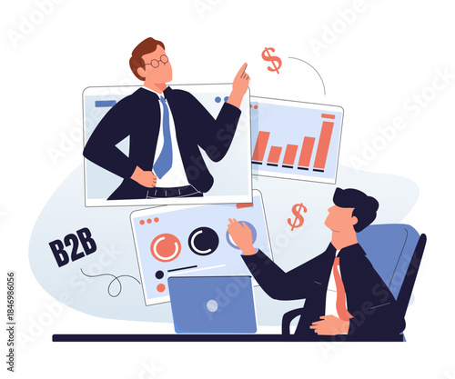 Online business courses isolated cartoon vector illustrations set. Online MBA, B2B marketing online degree, business