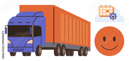 Blue and orange truck for shipping, calendar with gear for scheduling management, happy face for positive customer experience. Ideal for logistics, supply chain, delivery, planning, management