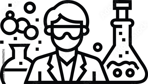 Scientist with goggles studies chemical glassware, bubble formation, and lab equipment in style