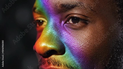 Close Up Of A Person With Rainbow Colored Glitter On Their Face And Sparkling Skin In Dark Studio Lighting With Subtle Drops Of Water Or Sweat On Skin Reflecting Light