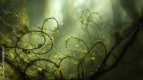 Intricate plant tendrils and aquatic foliage bathed in soft light creating an ethereal and captivating scene. The scene evokes a sense of wonder and tranquility
