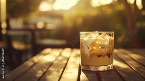 Iced coffee with cream and ice cubes resting on a wooden outdoor table during a warm, sunny golden hour