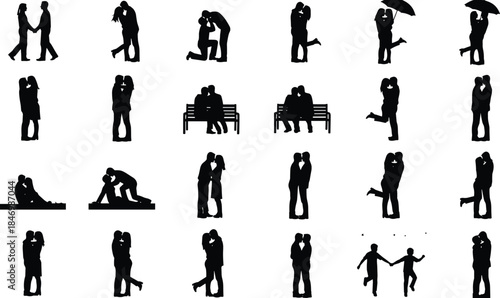 Ultra massive vector collection of diverse silhouettes, featuring numerous romantic couples, city buildings, sports figures, workers, and a full range of action, emotional, and communication gestures