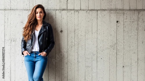 Young woman leaning against concrete wall