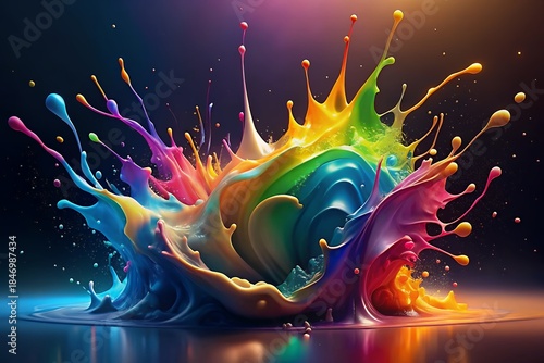 Vibrant colorful paint splashes in dynamic motion on dark background