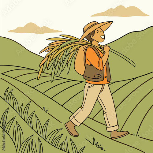 Smiling farmer carries harvested grain crop while walking through terraced paddy fields during harvest