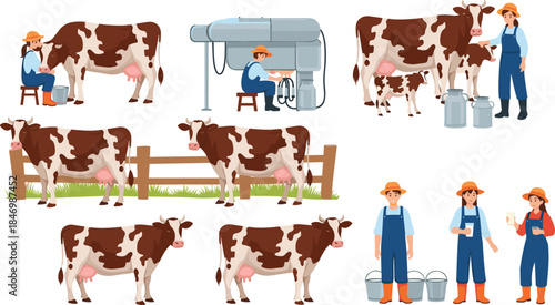 Dairy farm vector illustration showing farmers milking cows, modern milk production process, agriculture livestock concept, flat design characters, rural farming workflow set collection infographic