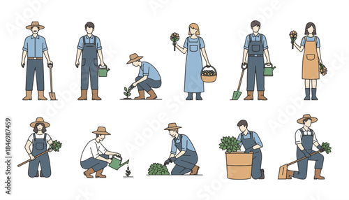 Gardener and Farmer Vector Icon Set with Urban and Countryside Activities