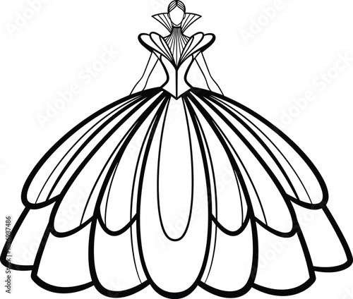 Elegant ball gown fashion illustration of luxury evening dress silhouette, couture bridal inspired vector design for high end womenswear, runway, branding, editorial, and marketing