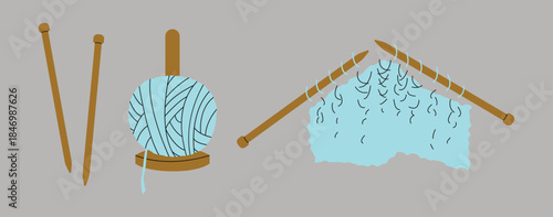 Knitting set on a grey background, vector illustration.