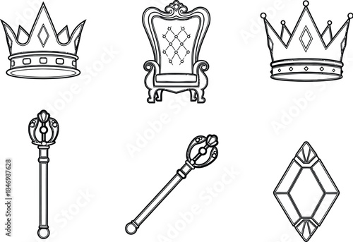 White silhouettes neat icons of neat crown throne scepter jewel royal king set