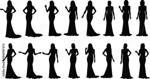 Elegant female silhouette collection, glamorous women in evening gowns, fashion poses, luxury dress outlines, model figures, black dress style, runway inspiration, isolated on white