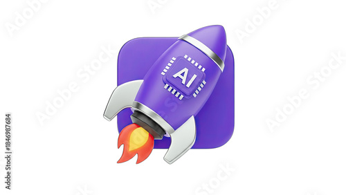 AI Rocket Launching on Purple Background