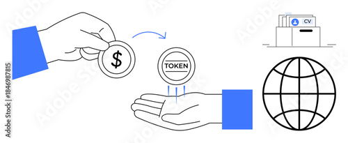 Token economy. Token exchange process with global network and digital identity. Tokens transaction and value. For blockchain, finance, digital identity, global commerce, technology