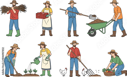 Farmers gardening activities illustration set with rural workers planting watering harvesting carrying tools wheelbarrow organic agriculture lifestyle flat vector 