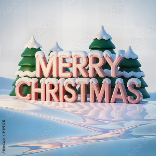Wallpaper Mural "Merry Christmas 3D Text with Pine Branches and Red Baubles on Neutral Background — Festive Holiday Greeting Composition" Torontodigital.ca