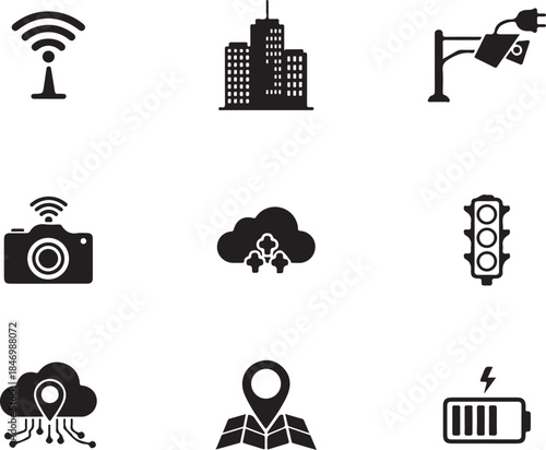 Collection of technology icons representing modern urban life