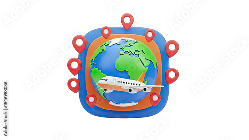 Airplane Flying Around the World with Location Markers