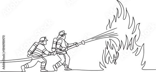 One continuous line drawing of The fire fighter brigade is on duty to put out the blazing fire vector illustration. one line Art icon drawing