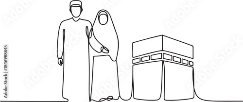 One continuous line drawing of a husband and wife who are performing the Hajj and Umrah in the holy land of Mecca. one line Art icon drawing