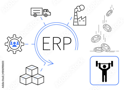 Business process optimization, resource management, logistics planning, manufacturing systems, financial tracking, team collaboration. Central ERP hub linking icons of delivery, factory, coins