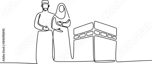 One continuous line drawing of a husband and wife who are performing the Hajj and Umrah in the holy land of Mecca. one line Art icon drawing
