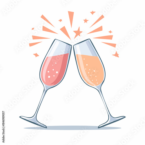 Cheers to Celebration: Two elegant champagne flutes clink together in a joyful toast, with effervescent bubbles and radiant stars sparkling above. 