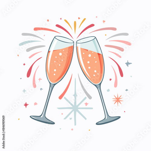 Cheers to Celebration: A lively illustration of two champagne glasses clinking together, surrounded by festive fireworks and sparkling elements, conveying joy and celebration.
