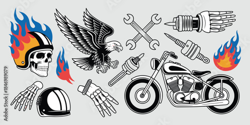 Biker Skull Eagle Motorcycle and Mechanic Tools with Flames vector illustration