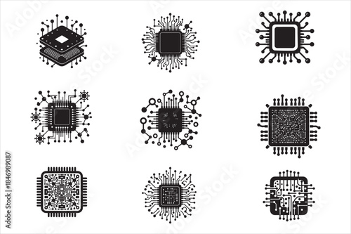 Vector icon set of a futuristic microchip