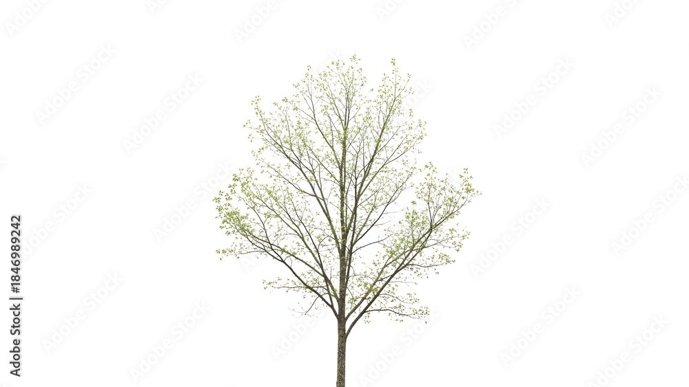 Obraz premium A tree with new light green leaves in early spring against a white background