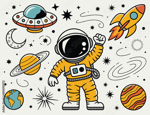Cartoon Astronaut Floating in Space with Planets, UFO, and Rocket Ship Keywords: astronaut, space, cosmos, galaxy, planet, earth, saturn, ufo