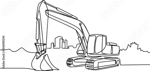One continuous line drawing of excavator in the site project . one line Art icon drawing