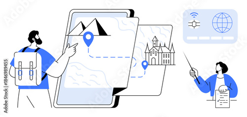 Backpacker pointing at digital map with navigation markers, landmarks, and travel routes. Other figure highlights itinerary. Ideal for travel, tourism, navigation, planning, exploration education