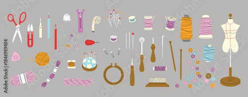 Sewing and handmade equipment set on a grey background, vector illustration.