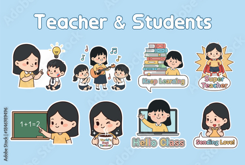 A cute cartoon sticker collection on a light blue background featuring teachers and students in various educational scenarios like online learning, music class, and math