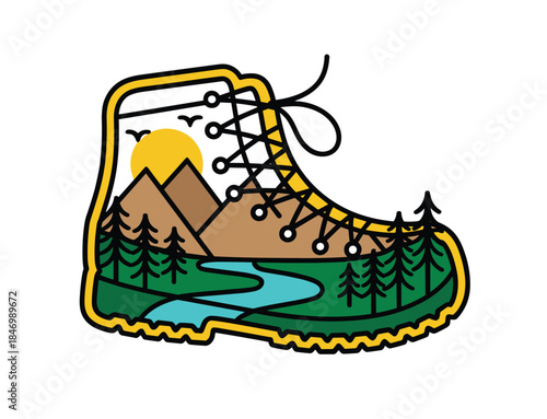 Hiking Boot Silhouette Filled with Mountain Landscape Scene Keywords: hiking boot, shoe, footwear, landscape, mountain, trees, forest, river