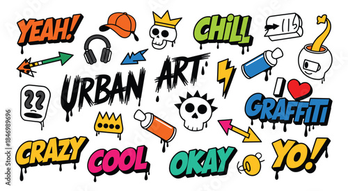 Graffiti Art Elements Collection With Drip Effect And Urban Phrases Keywords: graffiti, urban art, spray paint, skull, crown, headphones, baseball