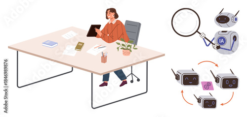 Woman seated at desk with tablet, examining AI. Robot with magnifying glass and evolving AI robot development stages. Ideal for technology, innovation, analysis, AI research, automation, education